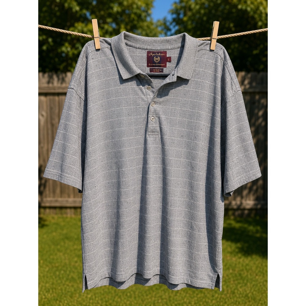 BYRON NELSON Eleven Straight Polo Shirt Men's Large Gray Windowpane Casual